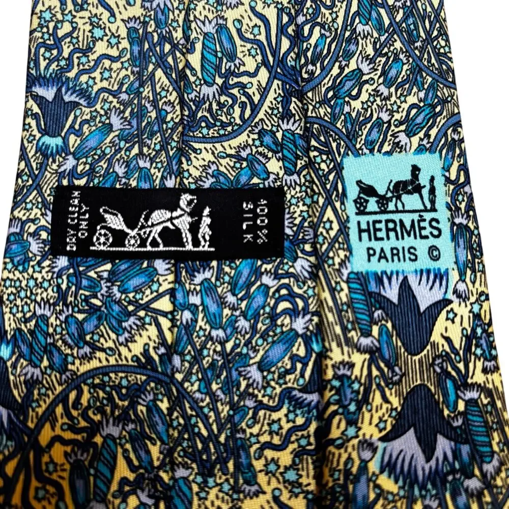 Classic Hermes Paris silk neck tie 7048-TA yellow blue Fireworks Feux d'Artifice